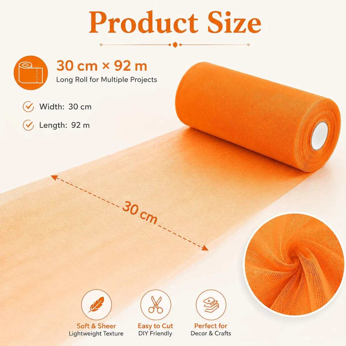 Rotolo di tulle Orangza, 30 cm x 92 m, nastro in tulle, decorazione per matrimoni, tessuti, tulle, tessuto al metro, organza per fai da te, artigianato, pompon, archi, decorazioni per feste (arancione