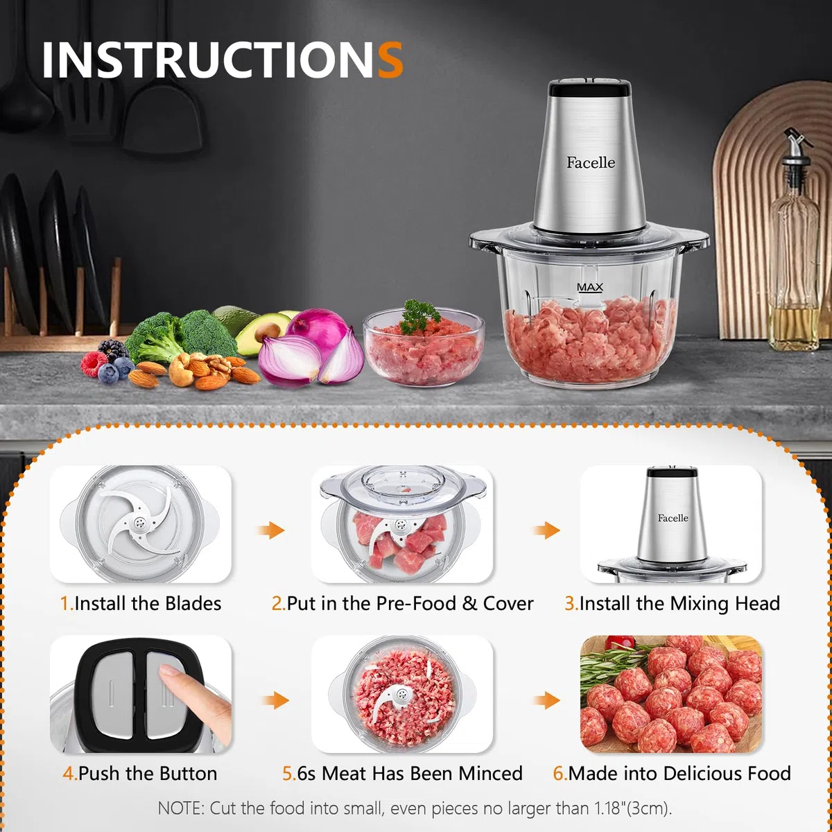 Tritatutto da Cucina Elettrico, Facelle Frullatore Tritatutto Multifunzione, 500W Mixer Cucina da 2 Litri, Robot da Cucina per Verdure, per Carne/Verdura/Frutta/Noci/Cibo per Bambini