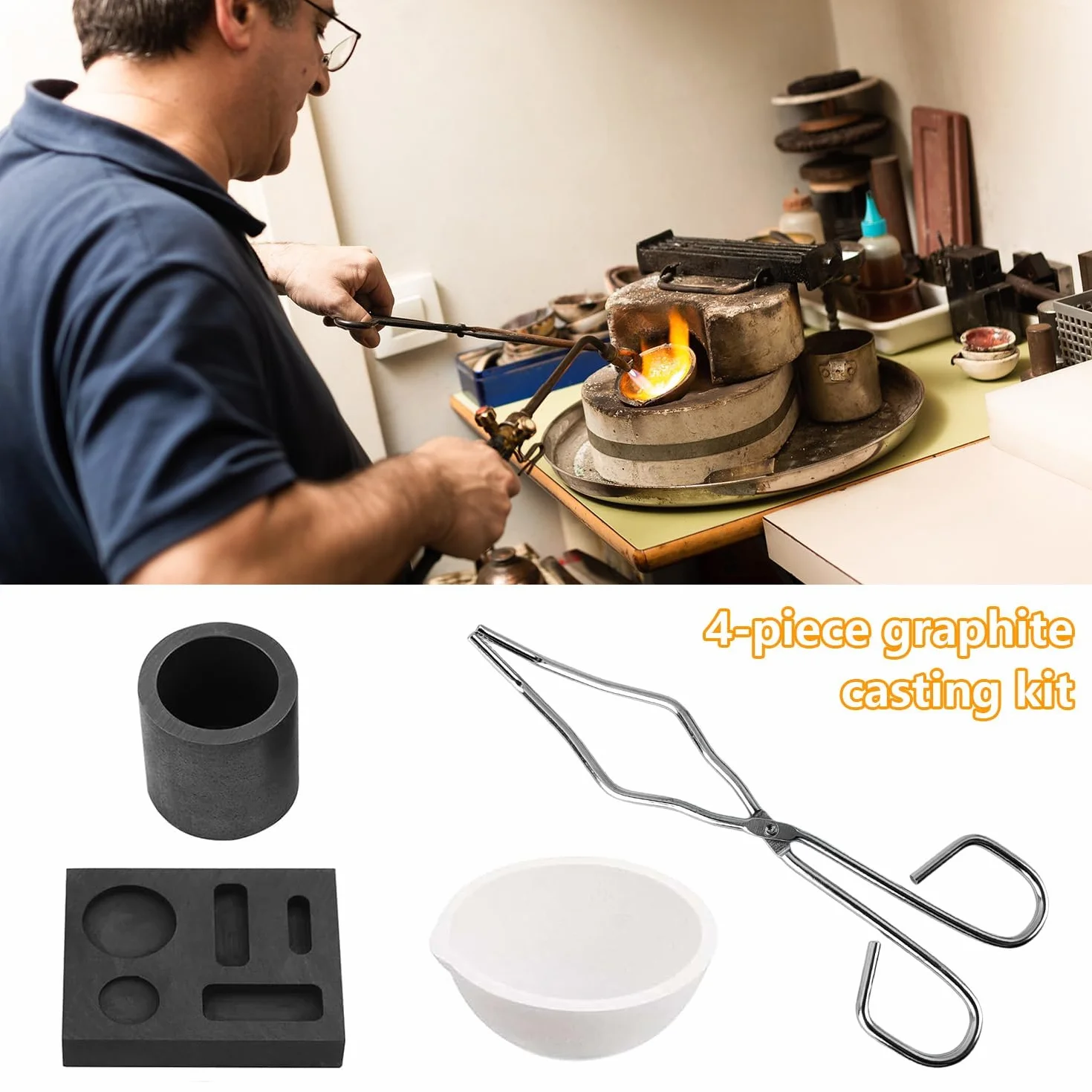 4 Pezzi Set di Crogiolo per Forno Fusione Metalli, Stampo Crogiolo Pinza per Crogiolo, Bowl, Stampo per Piastre in Grafite. Kit Fusione Oro, Argento e Leghe Resistente Alte Temperature