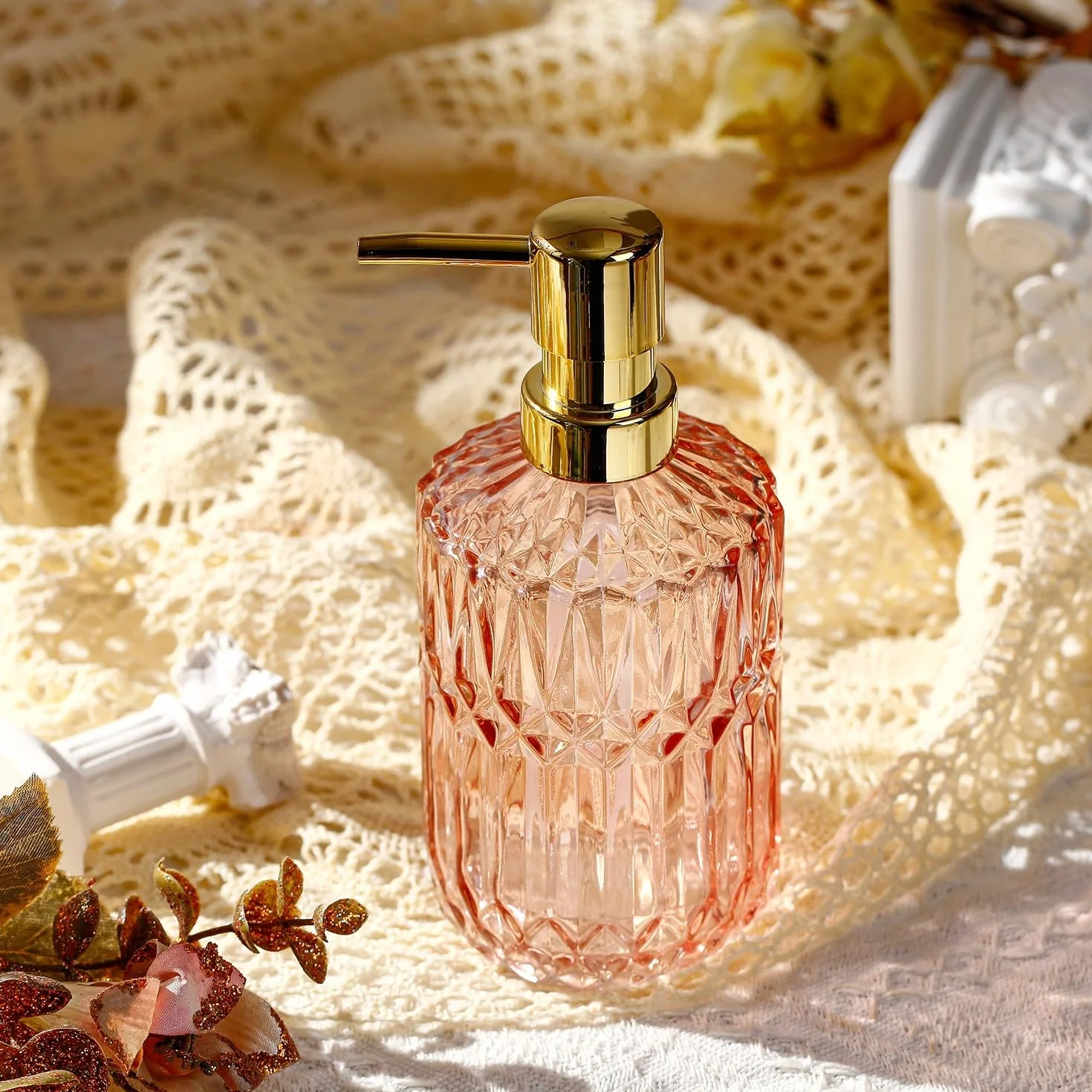 YunNasi Dosatore Sapone Liquido Vetro Dispenser Sapone Realizzato in Vetro per Detersivo per Piatti, Lozione Shampoo, Controsoffitto Bagno, Cucina, Lavanderia (Rosa)