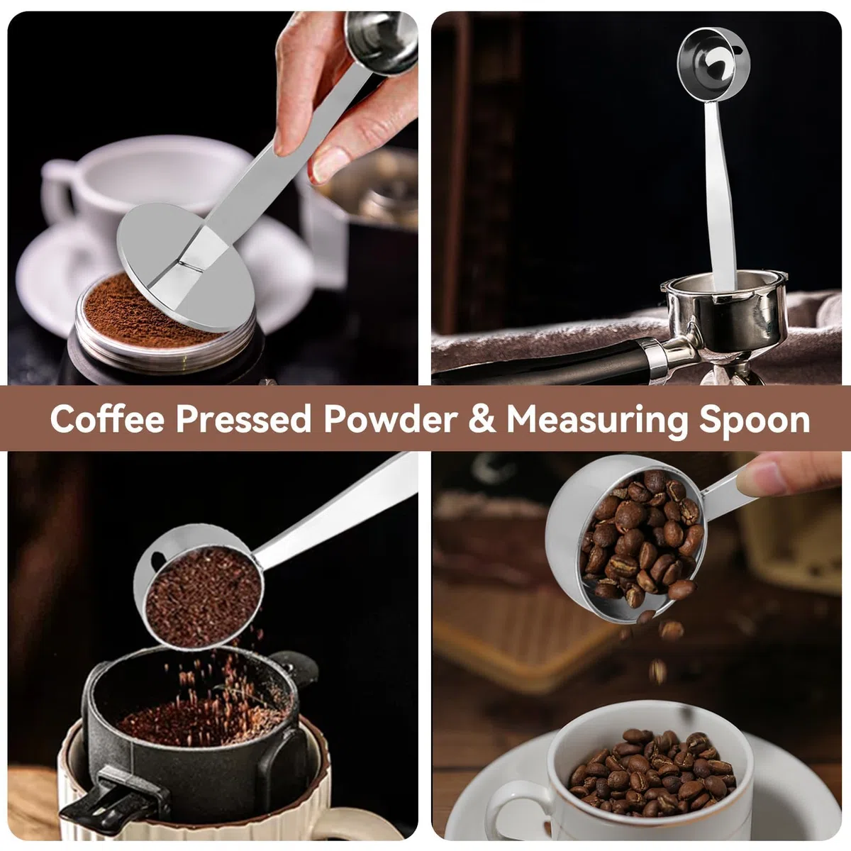 Dosatore per macchine da caffè, Cucchiaio Dosatore Caffe per Macchina Espresso con Tamper, in Acciaio Inox, Multifunzione per Misurazione Proteine, cacao, tè, 14.5cm/5.7inch