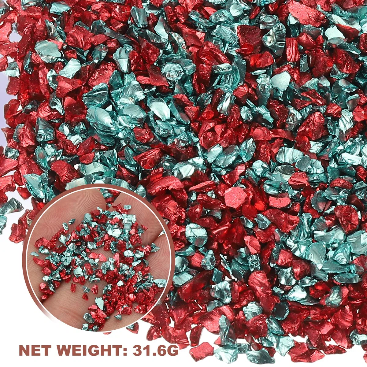 QUARKZMAN 2 Colori Frammenti di Vetro Tritato, 1-3mm Glitter Metallico Irregolare Pz di Vetro Rotto con Sacchetto Laser per Artigianato Fai da Te Vasi Decorazione 31.6g, Rosso & Blu