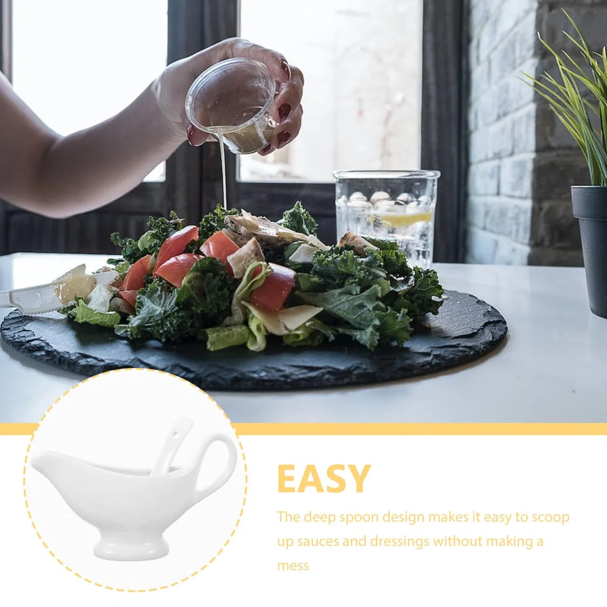 Salsiera in Ceramica Con Cucchiaio Profondo Set Di 2 Pezzi 175Ml Ideale Per Salsa Condimenti Latte E Brodo Design Elegante E Funzionale