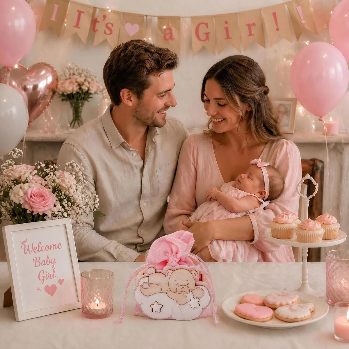 Sacchetto Sacchettini Sacchetti per Confetti Bomboniere Battesimo Bambina Ragazzo Portaconfetti Comunione 12 Pieces (Rosa Pastello, Orsetto Sulle Nuvole)