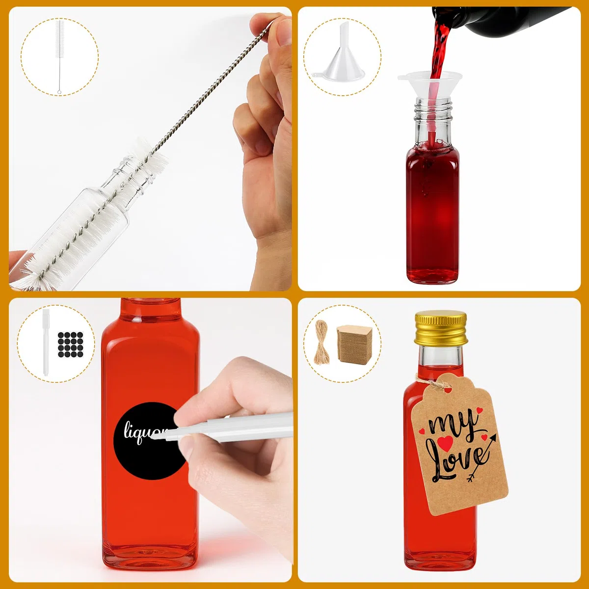 36 Pezzi Mini Bottiglie Per Liquore, 50ml Bottigliette Liquore Mignon, Riutilizzabili Bottiglie Vuote di Plastica con Tappi a Vite, Etichette, Spago e Imbuto per Zenzero, Succo, Bevande