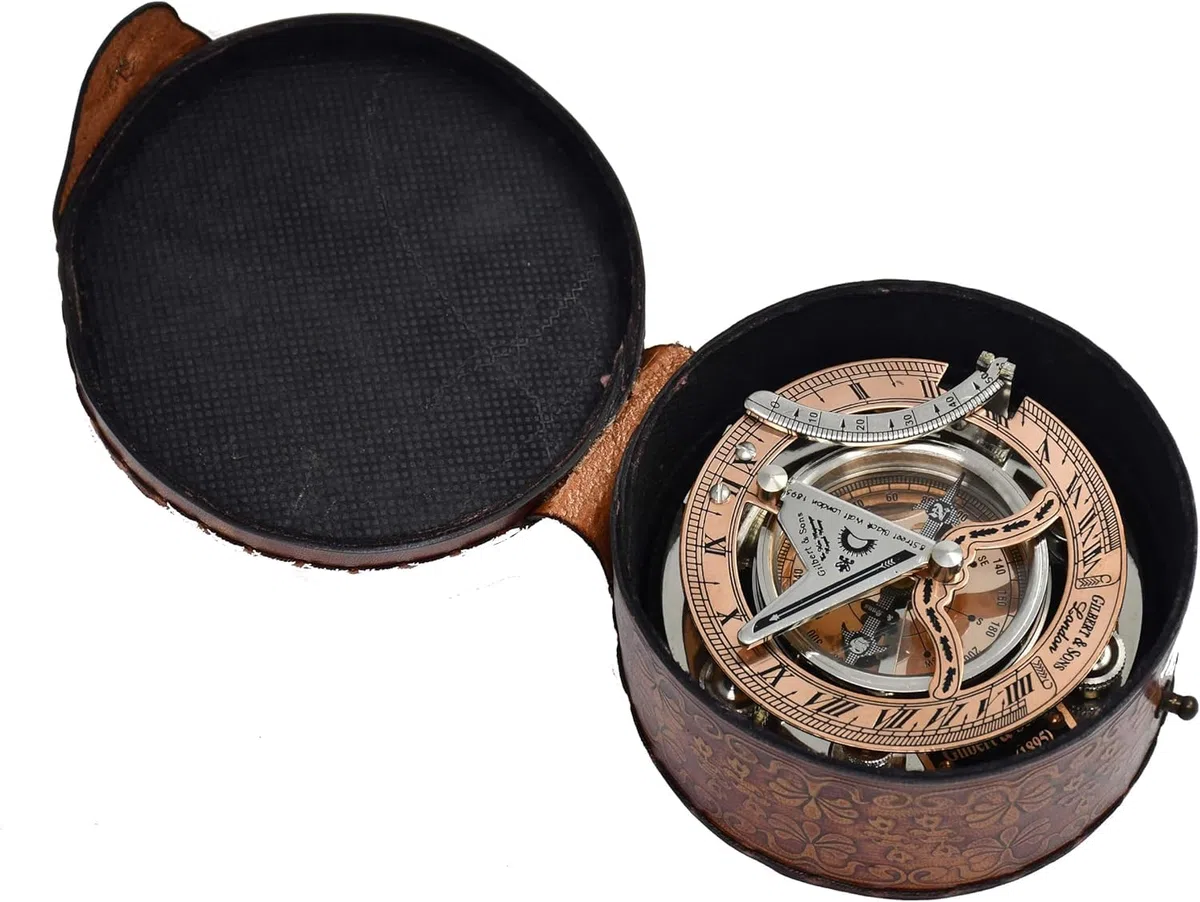 Bussola con meridiana in ottone anticato e rame, orologio con meridiana in scatola regalo, replica orologio da sole, orologio con bussola e meridiana, regalo per lui o per lei