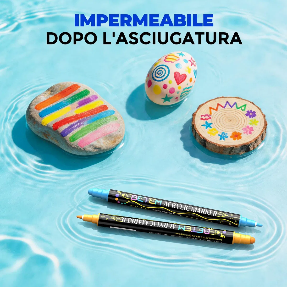 Betem 24 Colori Pennarelli Acrilici Doppia Punta, Pennarelli per Tessuti, Sassi, Dipingere, Legno, Roccia, Pietra, Vetro, Ceramica, Acrylic Marker per Tela