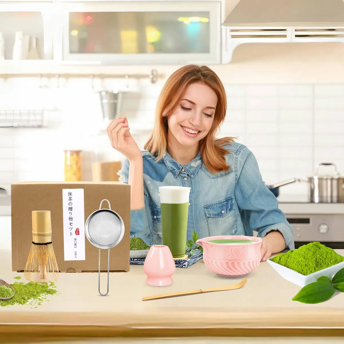 5 pezzi Matcha Kit, Set da tè Giapponese Premium, con Frusta Matcha in Bambù Cucchiaio Ciotola e Supporto, Set Matcha per Gli Amanti del tè(Rosa)