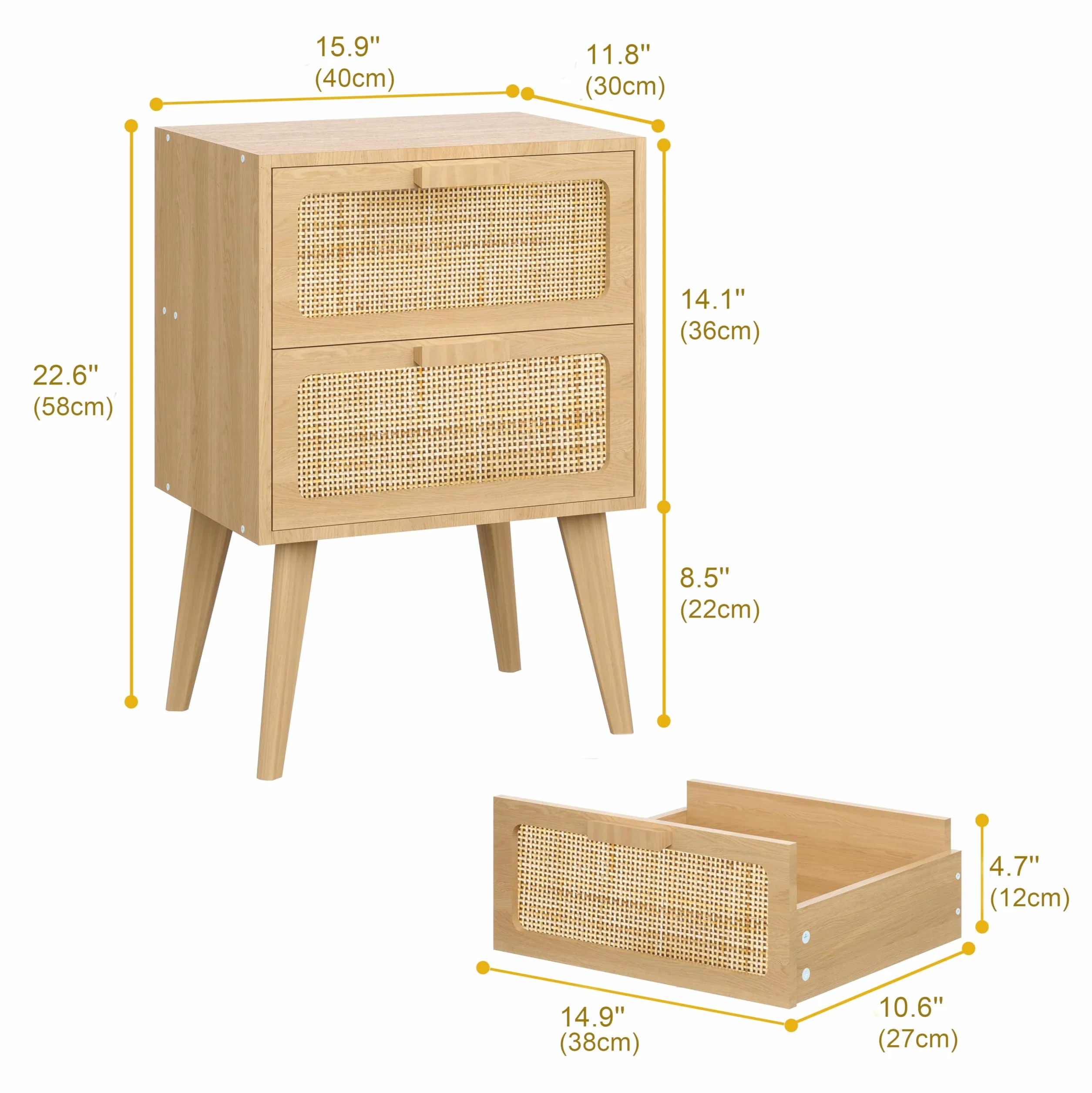 YAUKOMEL Comodino in rattan, comodino bohémien con portaoggetti, tavolino, tavolino con 2 cassetti decorati in rattan fatti a mano per piccoli spazi, soggiorno, camera da letto, naturale, DECTG59Y