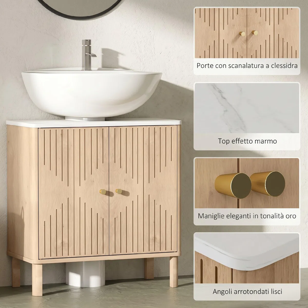 HOMCOM Mobile Sottolavabo con 2 Ante Decorate, Mobiletto Bagno con Ripiano Effetto Marmo e Mensola Regolabile Sotto Lavabo, adatto per Lavabi Con o Senza Piedistallo, Rovere