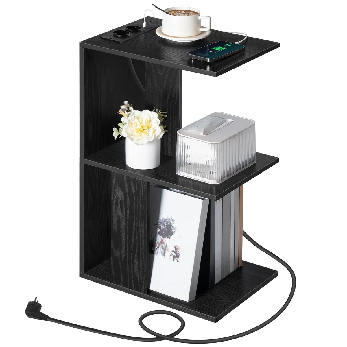 MAHANCRIS Tavolino a Forma di C con Luce a LED a Sensore Ricaricabile, Tavolino da Divano con Ripiano Portaoggetti, Nero, 38 cm x 28 cm x 62 cm