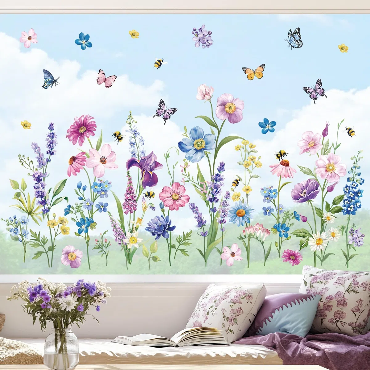 decalmile Adesivi per Finestra Primavera Fiori Decalcomanie per Finestre Non Adesiva Vetro Pellicola Fiore Viola Farfalle Adesivi Anti-Collisione Finestra Vetro Camerette Bambini Cucina