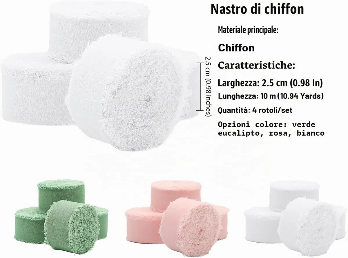 Nastro in Chiffon Bianco, 2,5 cm x 40,0 m, Regalo Frange Fatto a Mano, Largo di Seta per Inviti di Nozze, Bouquet da Sposa, Confezione Regali