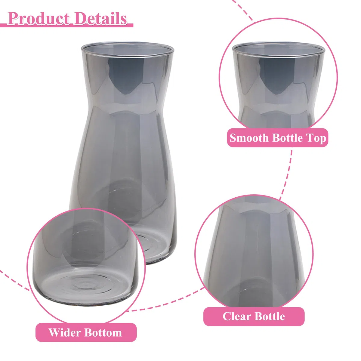 Vaso per fiori in vetro trasparente, alto 20 cm, per decorazione da tavolo, vaso decorativo per erba della pampa, tulipani, orchidee, rose, fiori secchi (grigio fumo)