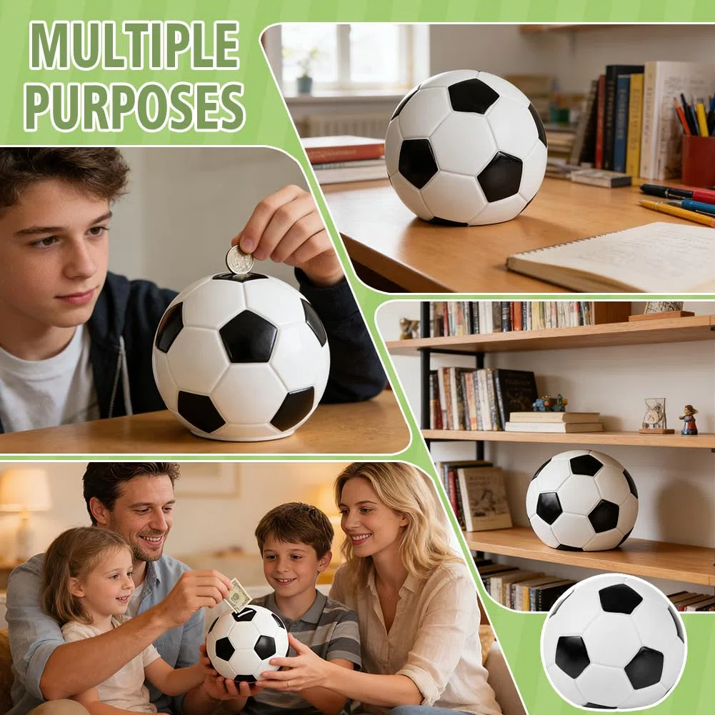 Salvadanaio a forma di pallone da calcio — Un divertente design a tema sportivo, personalizzabile per bambini o bambine. Un'idea regalo brillante per i compleanni dei bambini