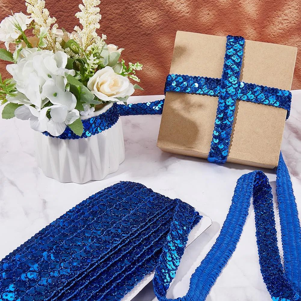 GORGECRAFT 13 m x 2 cm striscia di paillettes blu piatto 3 righe rotolo di paillettes trim nastro glitterato rotolo di paillettes metalliche per abito ricamo fabbricazione di gioielli