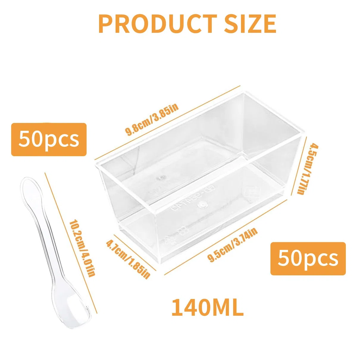 50 Pezzi Tazze da Dessert in Plastica con Cucchiai, 140 ml Contenitori Riutilizzabili Quadrati Trasparenti per Budini, Mousse, Gelati, Compleanni, Matrimoni
