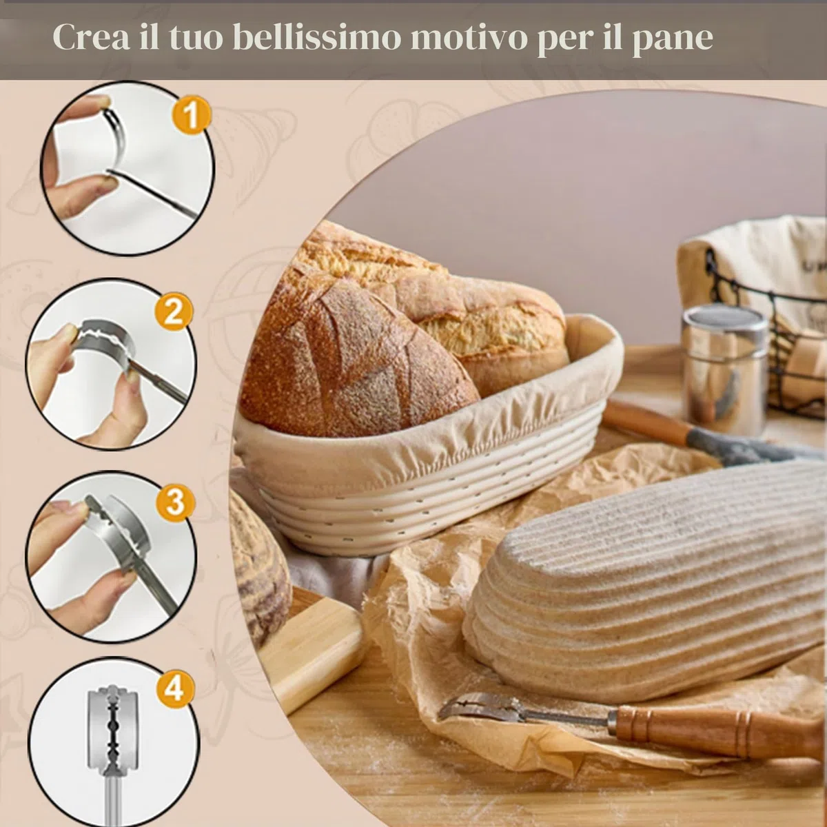 Cestino Lievitazione Pane, 25 cm Set di Cestini per la Fermentazione da 1 kg, Set con Spazzola, Coltello da Pane, Panno di Lino