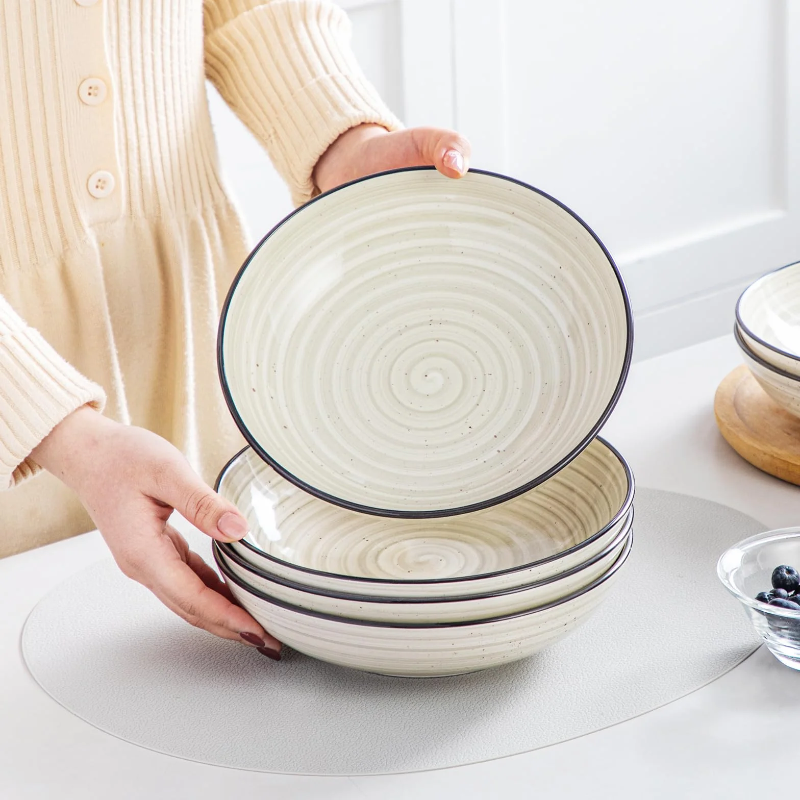 vancasso BONBON Ciotole per Pasta Set di 6, 21,7 x 5,5 cm Piatti Fondi in Gres, Piatti per Pasta, 38 oz Ciotole Grandi per Insalata, Adatti al Forno a Microonde e Lavastoviglie, Dipinto a Mano