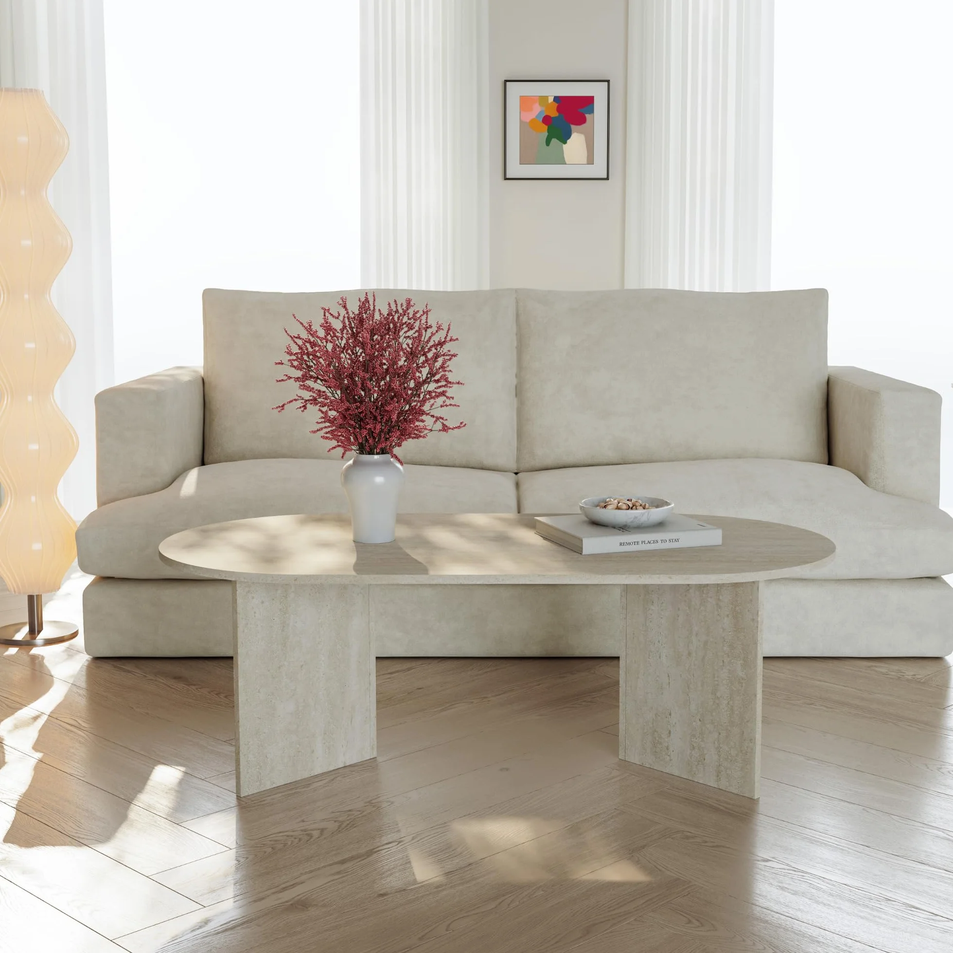 [en.casa] Tavolino da Salotto con Piano Ovale Tavolo Basso Centrale da Caffè per Soggiorno Zona Living Studio Sala d'Attesa 119 x 60 x 40 cm - Color Avorio Travertino