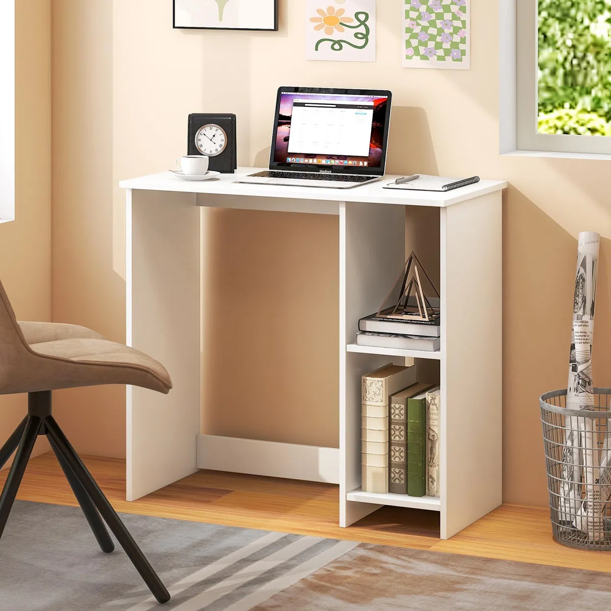 COSTWAY Scrivania per Computer in Legno con 2 Ripiani per Ambienti Piccoli, Scrivania Moderna e Salvaspazio da Casa e Ufficio, 80 x 40 x 74 cm (Bianco)