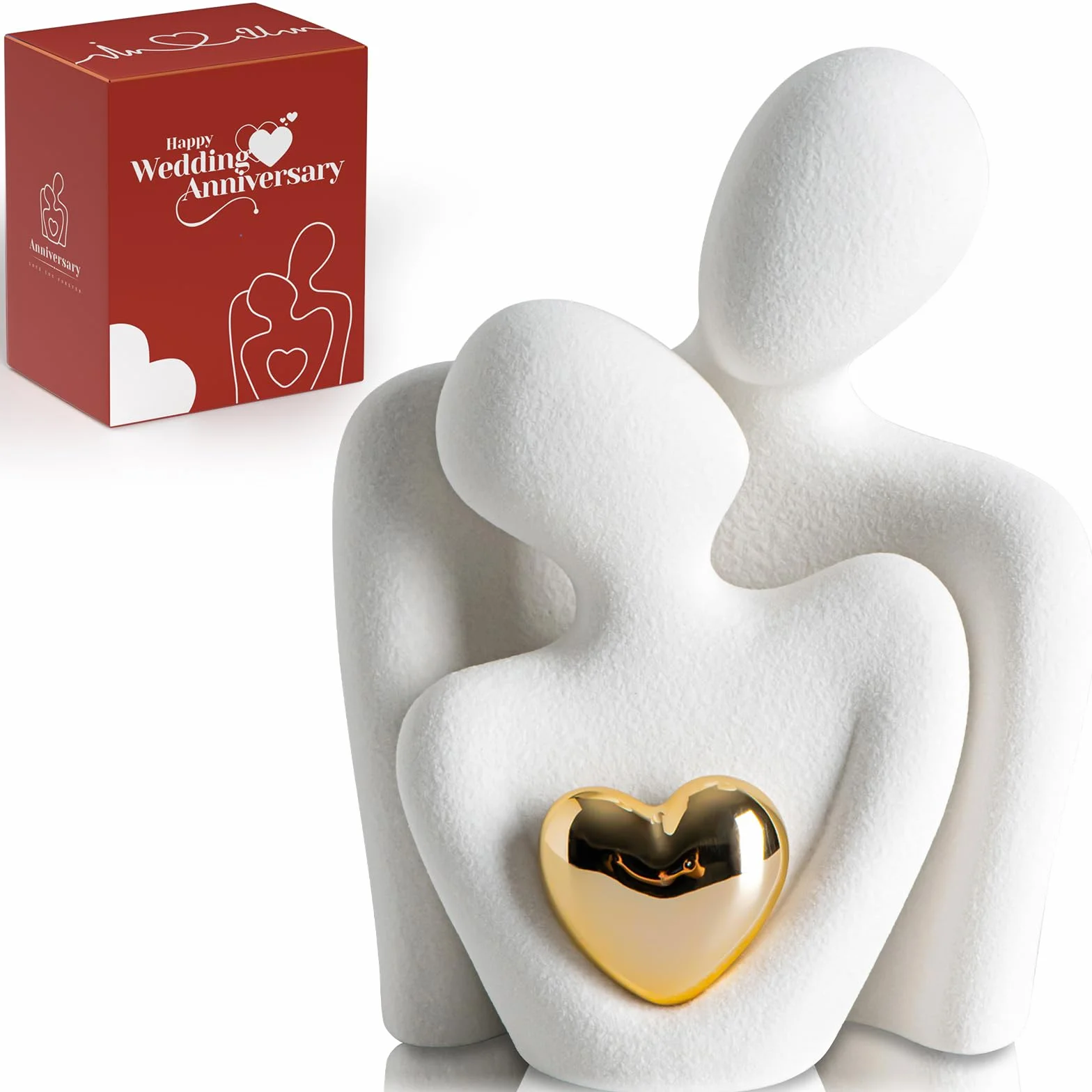 Coppia di Innamorati Statua, Romantica Scultura Moderna Dorato Cuore Design - Statuette Decorative Casa, Soprammobili Moderni, Regalo Sposi, Arredo Moderno - Regalo Anniversario Matrimonio Figure