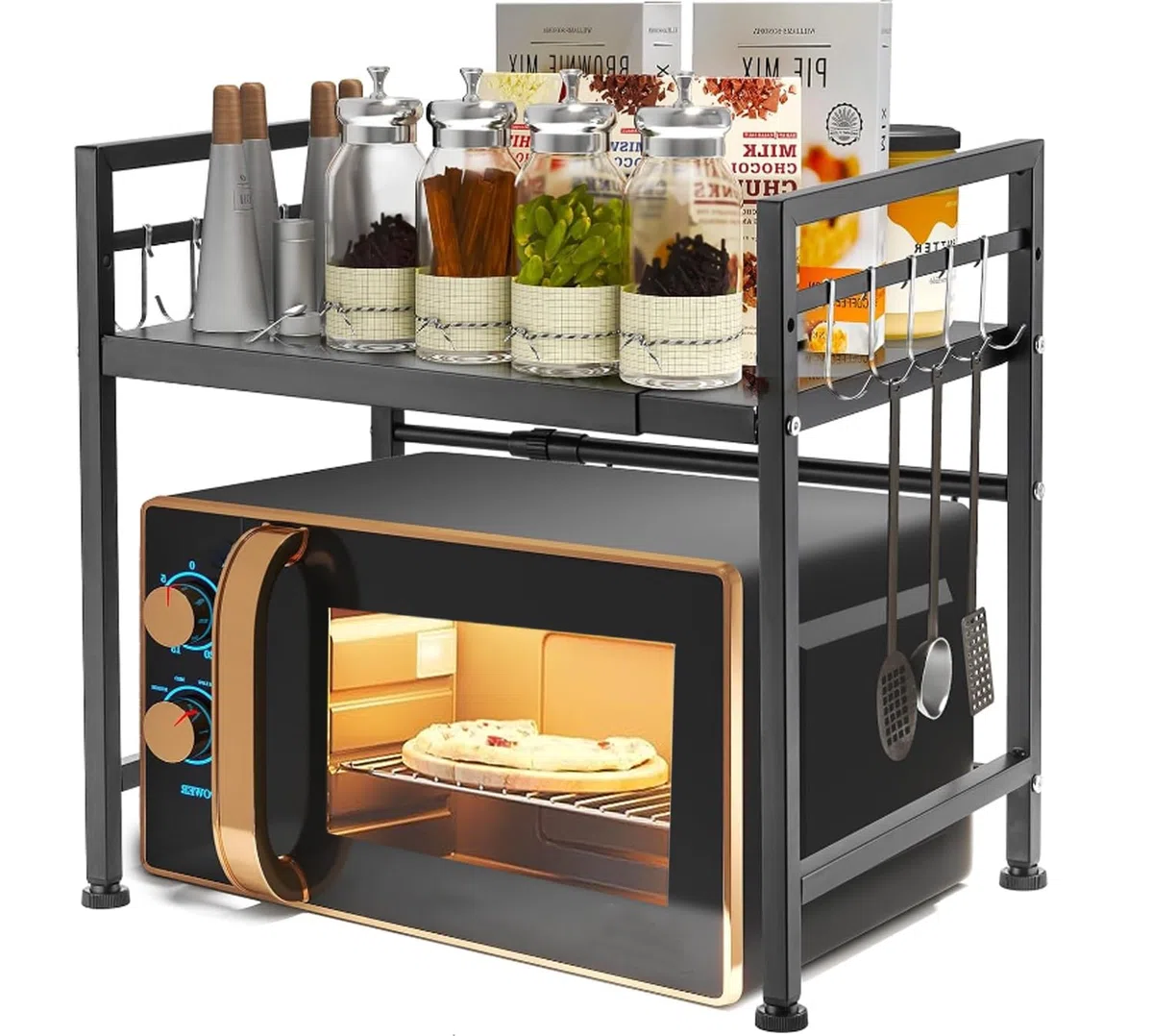 Mensola Microonde Estensibile 40-65 cm, Regolabile Due Livelli Microonde Scaffale, Acciaio Carbonio Ripiano Contatore Cucina Organizzatore Ripiani, 6 Ganci, Carico Pesante 60lbs (Nero)