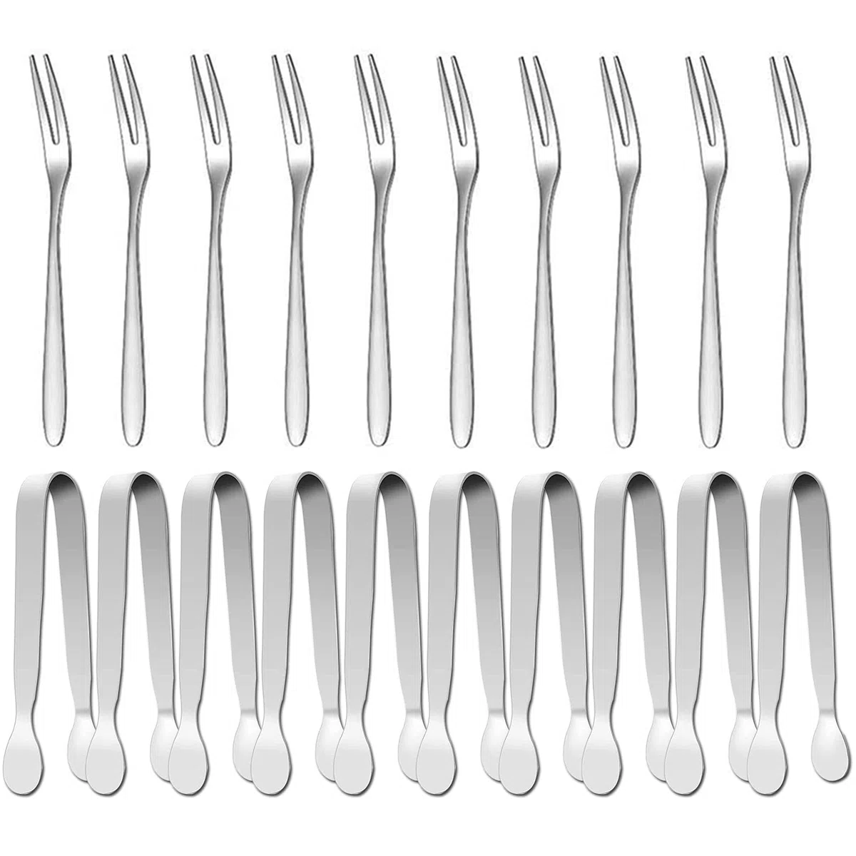 Sunenlyst - Mini pinze da portata e forchetta per frutta, in acciaio INOX, 10 pinze per zucchero a forma di cubo, piccole pinze per ghiaccio per tè e caffè, aperitivi, dolci