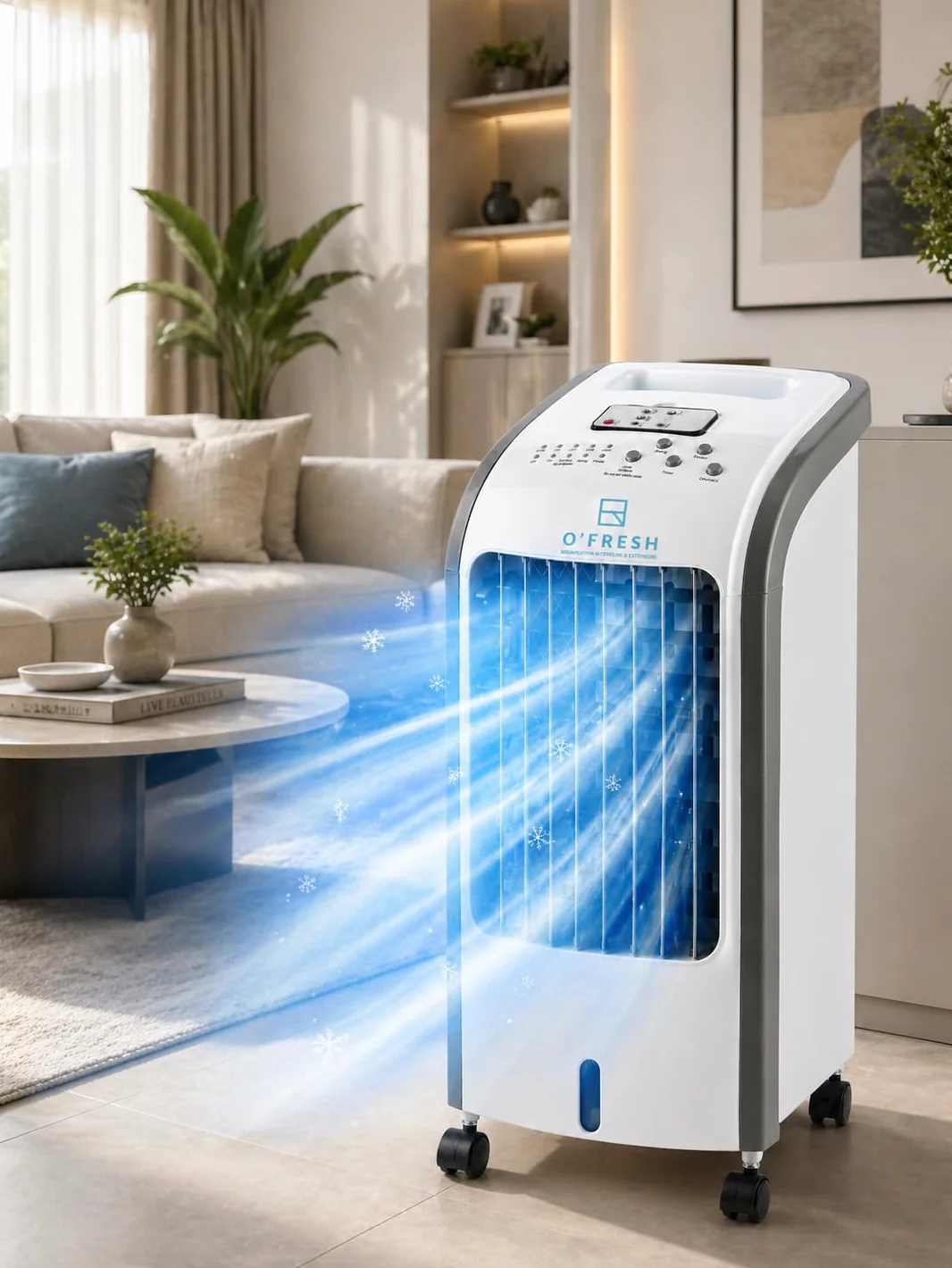 O'FRESH Condizionatore d'aria portatile 3 in 1 - Rinfresca efficacemente l'ambiente - Spegnimento automatico - 80 W - 57 x 26 x 24 cm - Bianco - Rinfrescatore d'aria - Telecomando