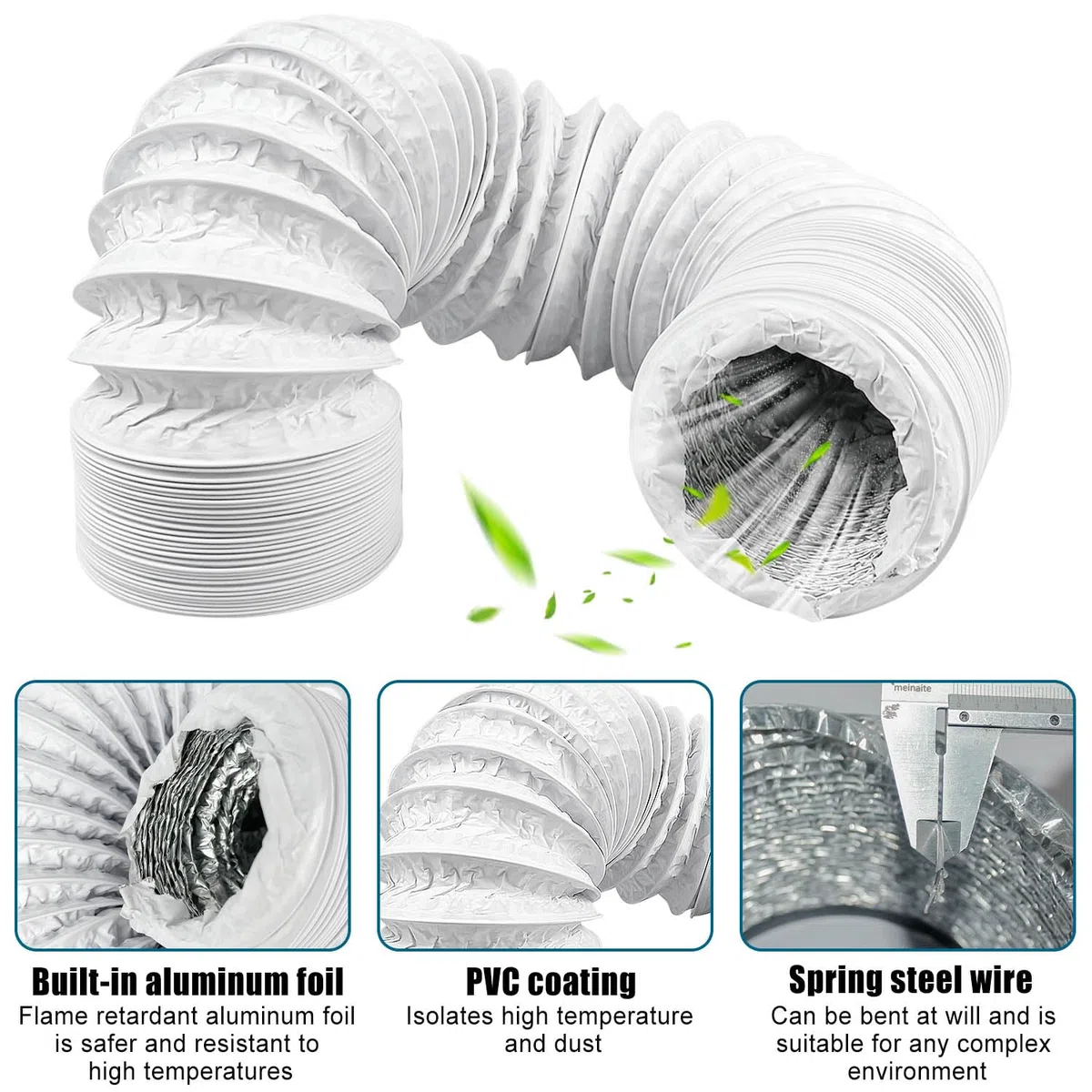 Tubo per aria condizionata, 3m tubo di ventilazione da 100 mm, tubi di scarico, resistente al calore, resistente alla corrosione, per Impianti di Climatizzazione, Asciugatrici, Cappe Aspiranti