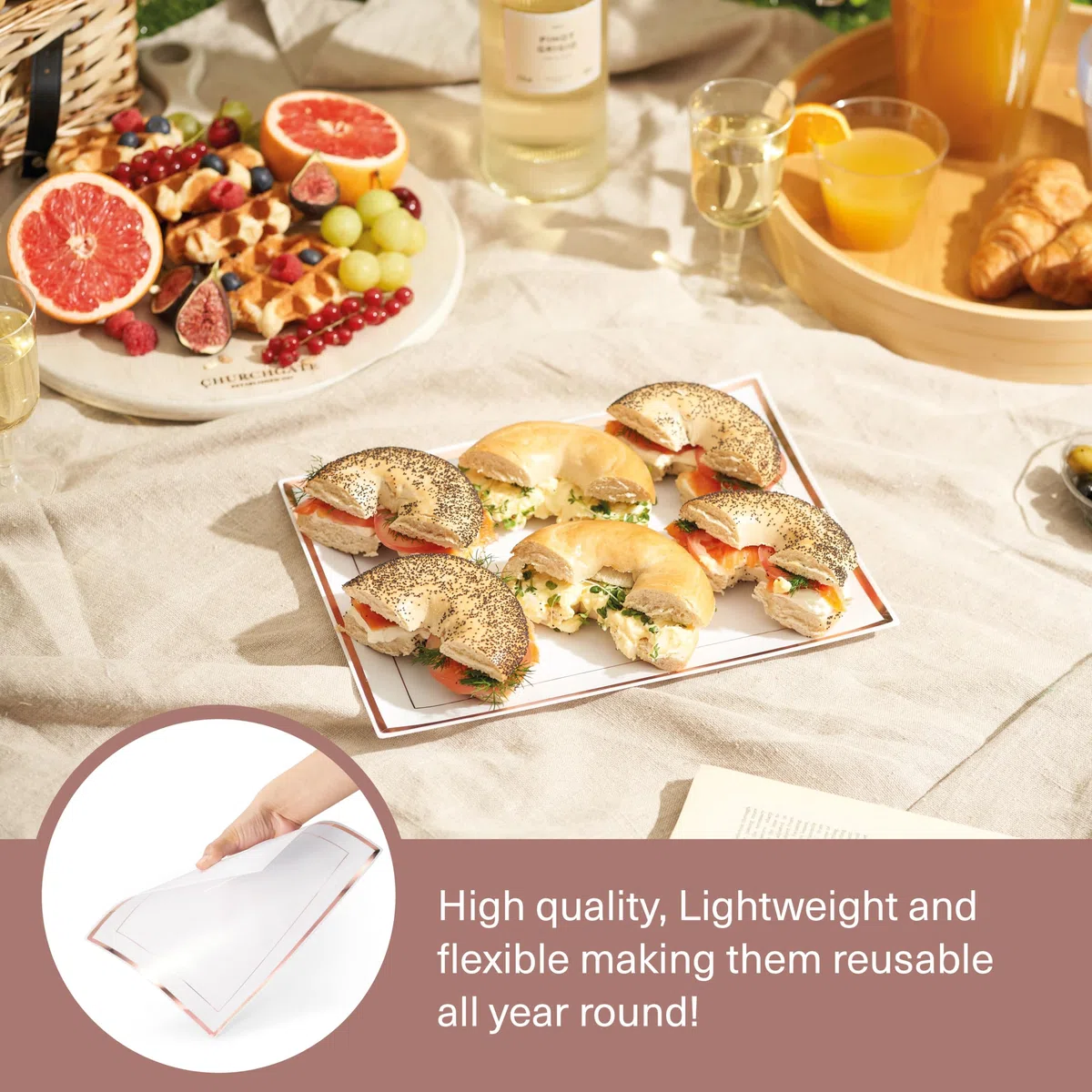 Matana 6 Vassoi da Portata in Plastica Bianca con Bordo Oro Rosa per Finger Food, Aperitivo - 30x23cm - Buffet, Matrimoni, Compleanni, Feste - Resistenti e Riutilizzabili