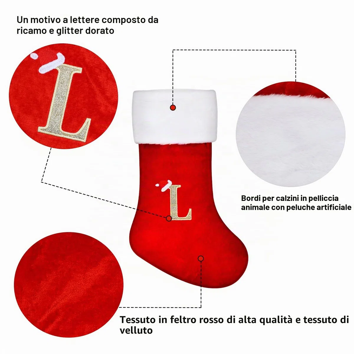 TOPWAYS Calze di Natale, Grandi Calze Ricamate con Monogramma Natalizio Personalizzate con Lettere, Calze Rosse di Babbo Natale da Appendere al Camino per Decorazioni Natalizie Regalo di Natale (G)