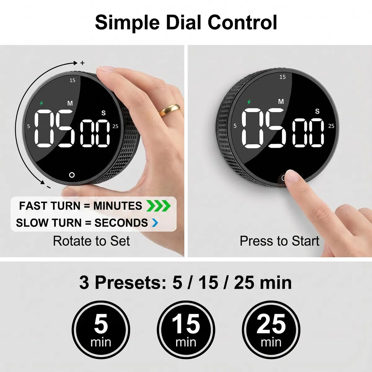 Timer da cucina digitale magnetico ricaricabile con grande schermo LED, allarme forte, 3 impostazioni predefinite (5/15/25 min), 3 livelli di volume, ideale per cucina, fitness e ufficio (nero)
