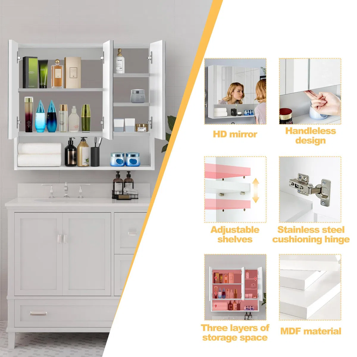 Tukailai - Armadietto per il bagno a giorno con montaggio a parete, bianco, con specchio, portaoggetti, con 3 ante, con ripiani a regolabili, impermeabile