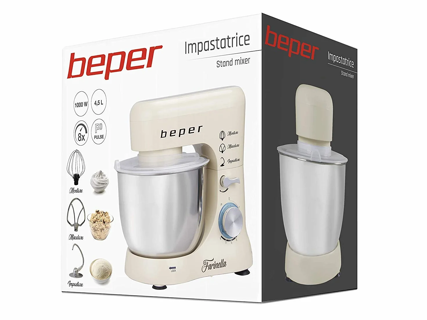 BEPER BP.200 Impastatrice Planetaria professionale 4,5L, Potenza 1000W, 8 Velocità e Funzione Pulse - Frusta, Paraschizzi e Gancio Inclusi, Bianco
