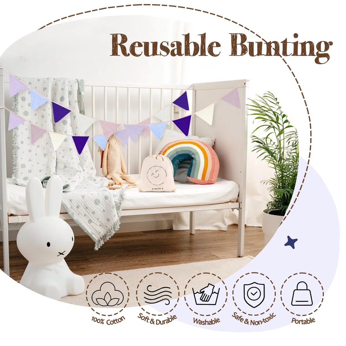 Bandierine per Cameretta dei Bambini, 2.8M Bandierine Colorate in Tessuto, Ghirlanda per la Cameretta dei Bambini, Decorazione da Parete per feste e compleanni (viola)
