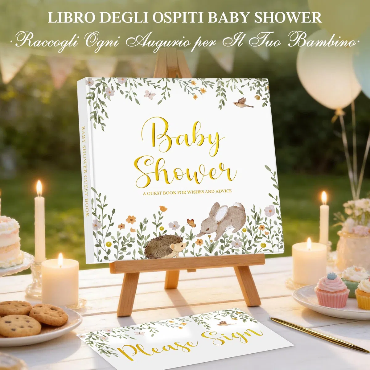 Lanpn Libro degli Ospiti per Baby Shower & Gender Reveal, Baby Shower Guest Book, Tema Neutro Animali Bosco, Album Ricordi con Messaggi, Auguri e Foto per Futuri Genitori, Inglese, 114 Pagine