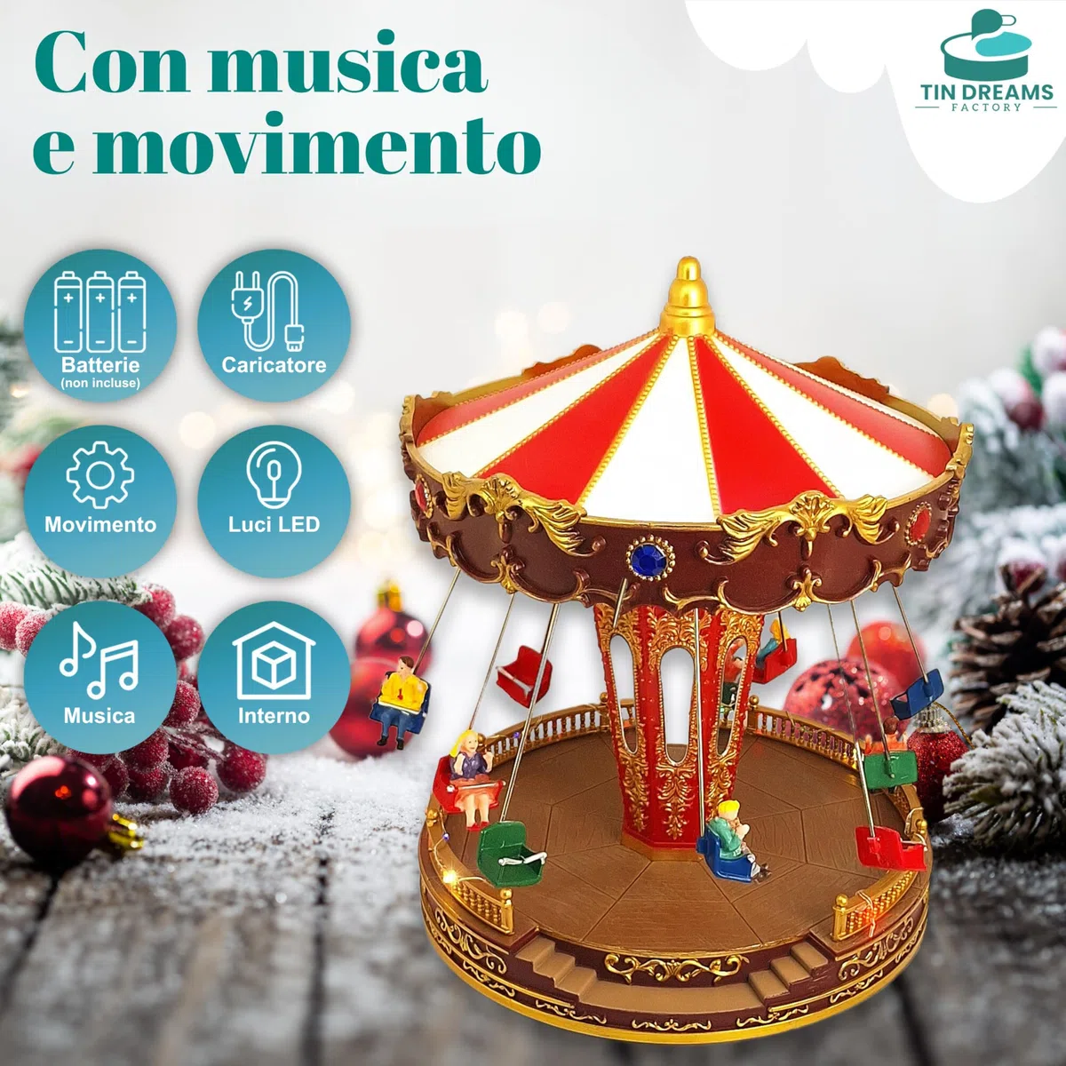 TIN DREAMS| Giostra Natalizia con Movimento Musica e Luci LED| Giostrina di Natale Musicale a Dondolo| Villaggio Natalizio, Borgo in Miniatura, Scena Animata Illuminata| Addobbo Decorazioni Natalizie
