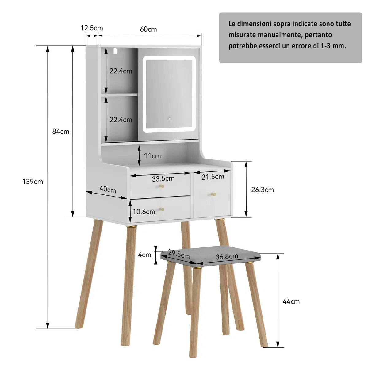 YU YUSING Toeletta Trucco con Luci LED e Specchio 3 Colori, Tavolo da Trucco con Sgabello, 3 Cassetti e 5 Ripiani, Postazione 60cm Vanity Desk for Makeup, Camera da Letto Soggiorno, Moderno, Bianco