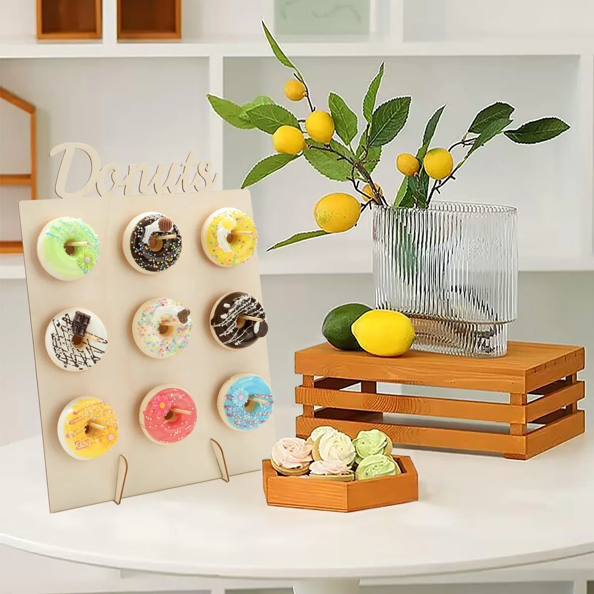 Espositore per Ciambelle in Legno 2 pcs Elegante Donut Display per Dolci e Ciambelle Porta Donuts per Matrimoni Compleanni Feste Decorazioni per Pasticceria (vuoto fuori)