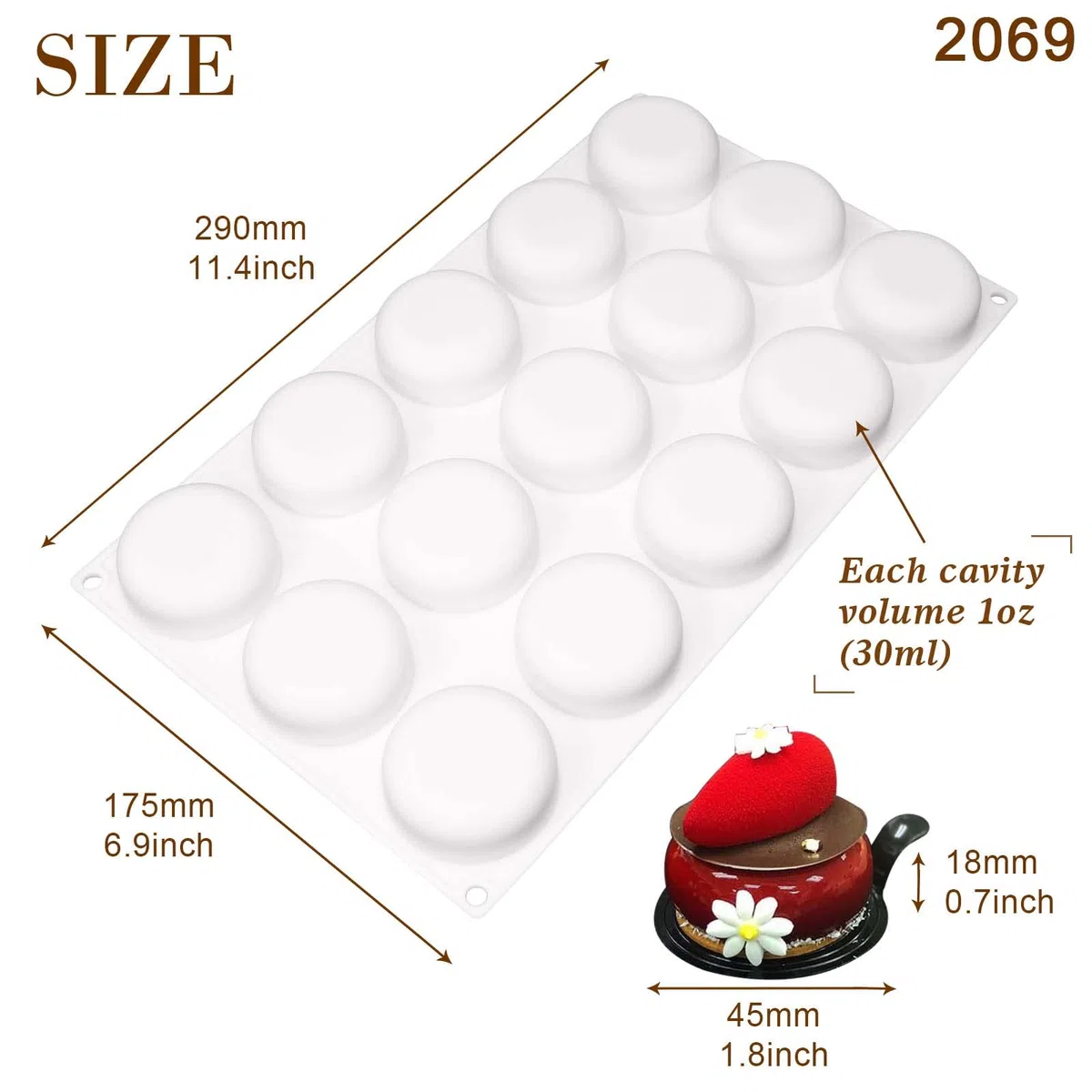 Stampo in silicone con 15 cavità arrotondate per cavità 4,6 x 4,6 x 1,8 cm