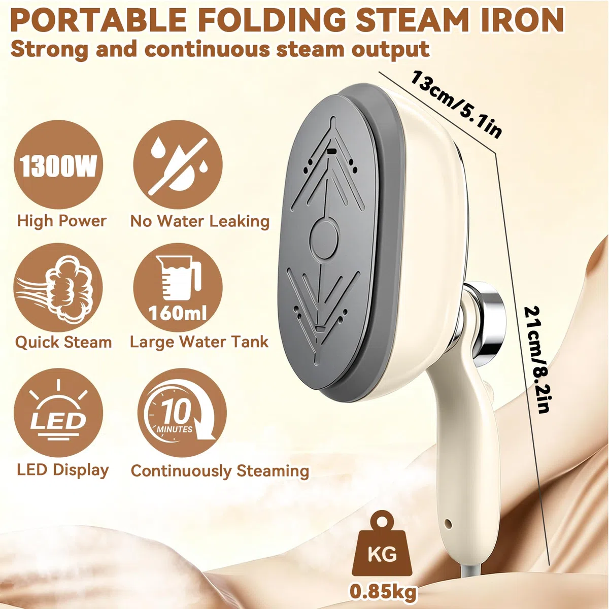 Stiratore a Vapore 1300W, 2 in 1 Portatile Stiratore a Mano con Piatto in Ceramica - Riscaldamento Rapido in 5s, 7 Modalità & Schermo LED, 160ML Serbatoio Acqua, per Casa, Viaggio, Ufficio