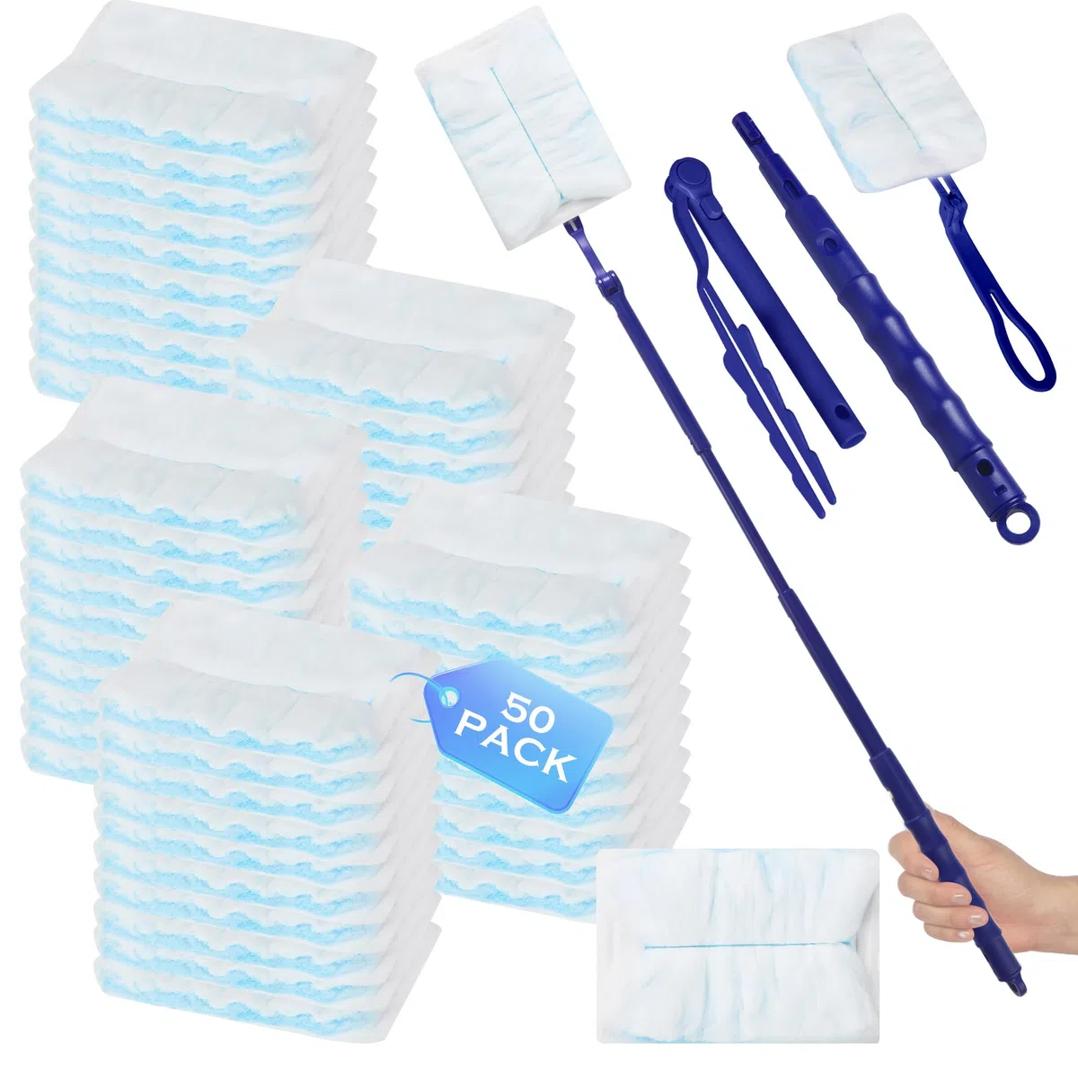50 Pezzi per Swiffer Piumini Ricambi Kit, Aspiratore con 2 maniglie, panni compatibili per Swiffer Starter Kit Duster, per Duster, per Scuola, Ufficio, Casa