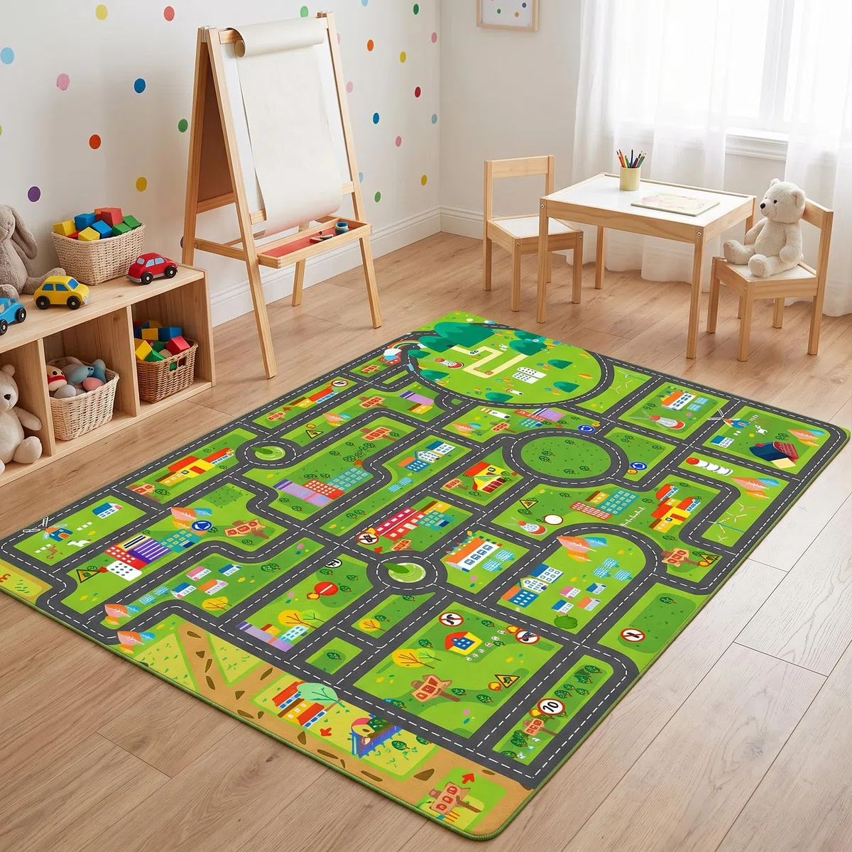 Tappeto con Tracciato Stradale Cartoon, Tappeto Mappa Città, Carpet in Fibra di Poliestere,Carpet Decorativo Antiscivolo e Lavabile per Ambienti Domestici-80x120cm