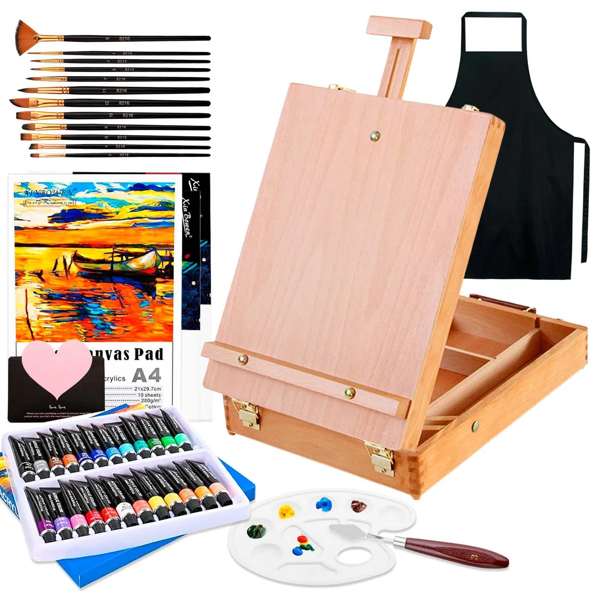 UCAMP Cavalletto Pittura,Cavalletto da Tavolo,Set di pittura acrilica da 44 pezzi,24 colori acrilici,12 pennelli,Spatola, Grembiuli,Tavolozza Colori e Tela A4,per Professionisti e Hobbisti