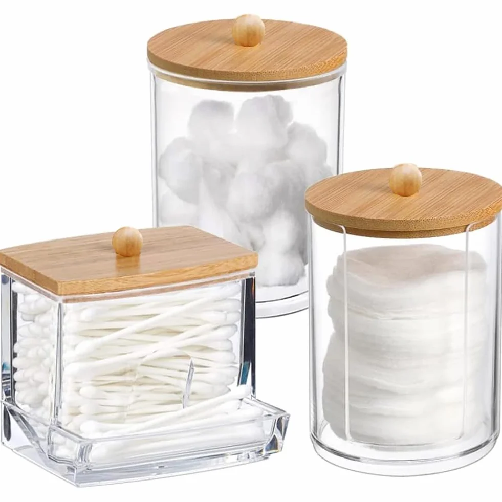 3 Pezzi Porta Tamponi di Cotone, Dispenser Tampone Cotone con Coperchio In Bambù, Contenitore Cotton Fioc Acrilico, Organizzatore di Batuffoli Cotone, Per Cosmetici, Palline Cotone, Tamponi Cotone