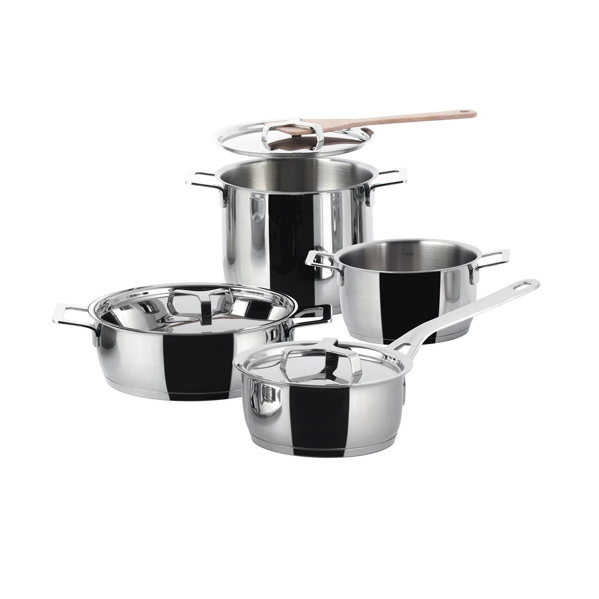 Alessi Pots And Pans AJM100S7 - Batteria di Pentole di Design in Acciaio Inox e Fondo Magnetico, Acciaio, 7 Pezzi