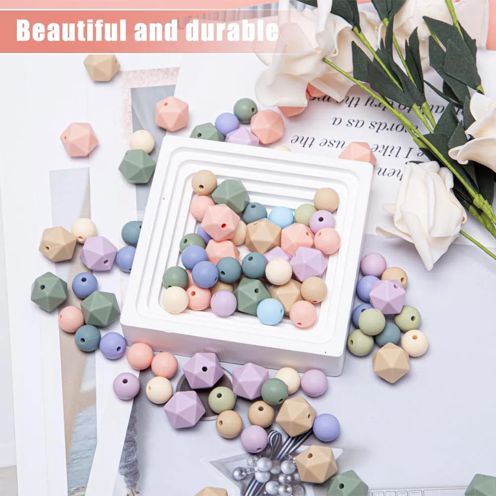 140 Pezzi Perline di Silicone Perline Rotonde Colorate Perle di Silicone Esagonali per L'artigianato fai da te