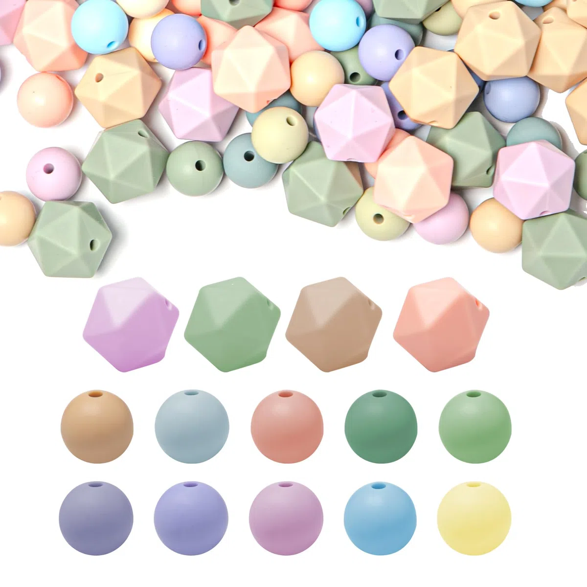 140 Pezzi Perline di Silicone Perline Rotonde Colorate Perle di Silicone Esagonali per L'artigianato fai da te