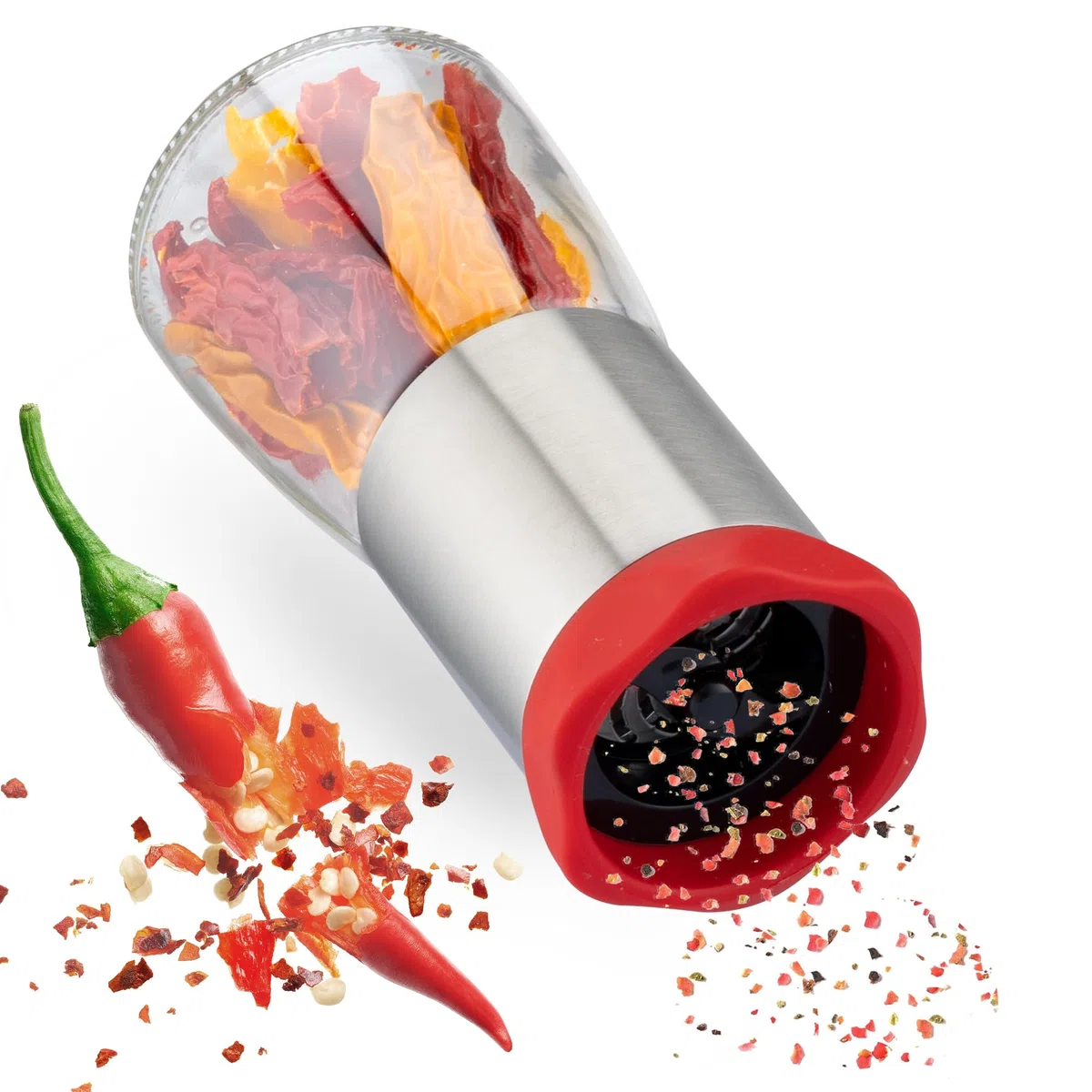 Macinino per peperoncino in acciaio inox e vetro, trita spezie con meccanismo di taglio in acciaio inox - macina peperoncino e altre spezie grossolane, con coperchio protettivo
